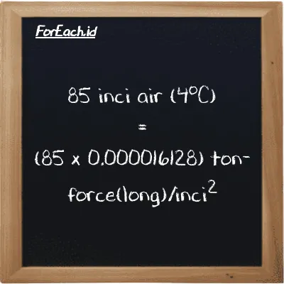 Cara konversi inci air (4<sup>o</sup>C) ke ton-force(long)/inci<sup>2</sup> (inH2O ke LT f/in<sup>2</sup>): 85 inci air (4<sup>o</sup>C) (inH2O) setara dengan 85 dikalikan dengan 0.000016128 ton-force(long)/inci<sup>2</sup> (LT f/in<sup>2</sup>)